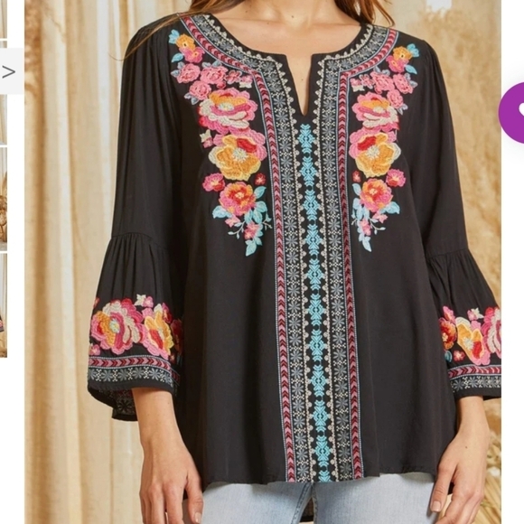 ANDREE BY UNIT Tops - Andree By Unit Boho Black Flowy Embroidered Tunic Blouse Womens Size Large